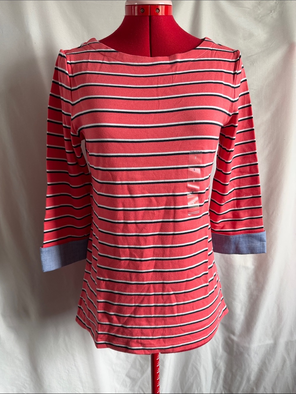 Nautica Coral and Navy Striped 3/4 Sleeve Top